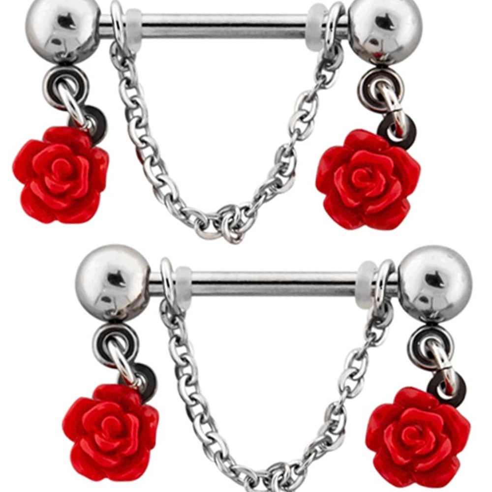 Chic Silver Barbell Earrings with Red Rose Accents